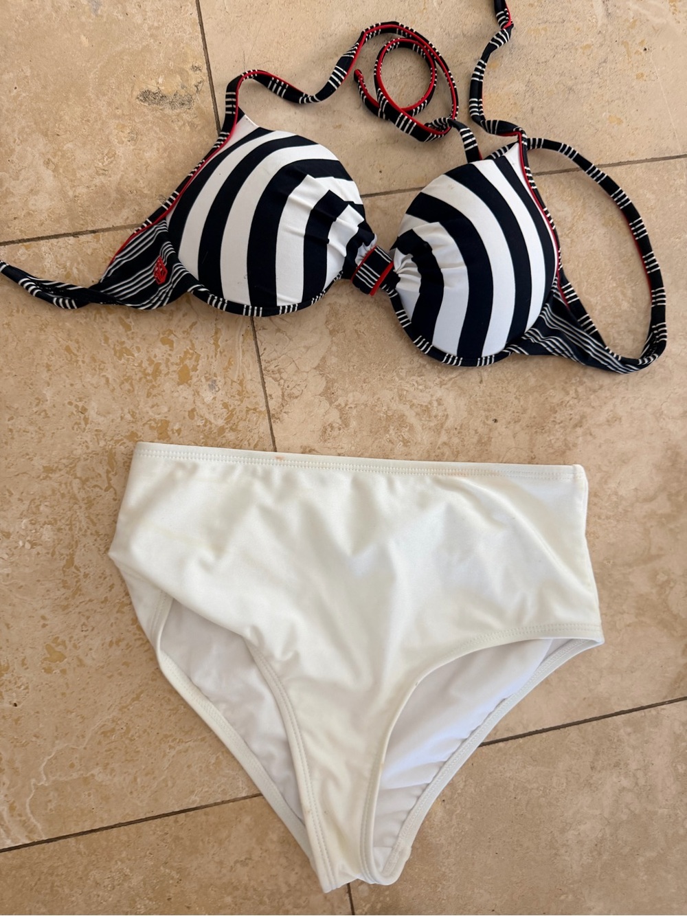 Striped Black & White Bikini Top with White High-Waist Bottom